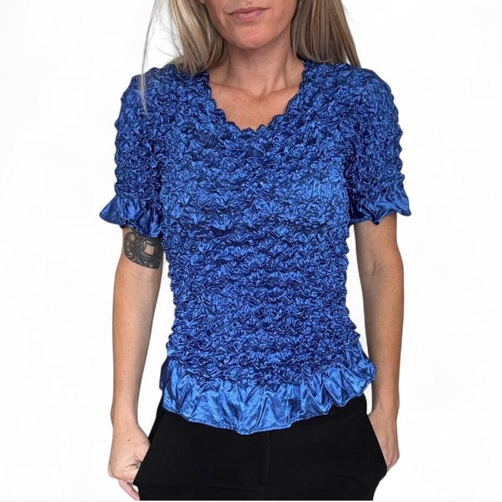 Womens Plisse Crinkle Top Y2K One Size Blue Textured Artsy Popcorn Bubble Shirt